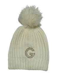 Smetanová pletená čepice s písmenem s kamínky a perlami