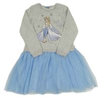Šedo-světlemodré teplákovo/tylové šaty s Elsou Disney