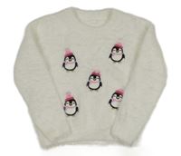 Bílý chlupatý svetr s tučňáky Primark