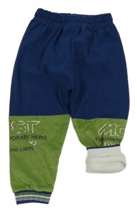 Tmavomodro-zelené žebrované zateplené kalhoty s nápisem