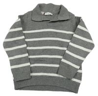 Šedo-bílý pruhovaný svetr s límečkem Mango