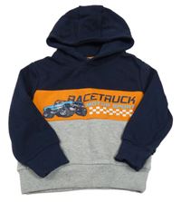Tmavomodro-oranžovo-šedá mikina s monster truckem a kapucí Kiki&Koko