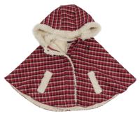 Tmavočerveno-vínovo-růžové kostkované zateplené pončo s kapucí