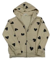Béžová propínací mikina se srdíčky a kapucí H&M