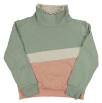 Zelenošedo-růžovo-béžová mikina s komínovým límcem Yigga