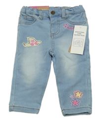 Nové - Světlemodré teplákové rifle s ptáčkem a květy Pep&Co