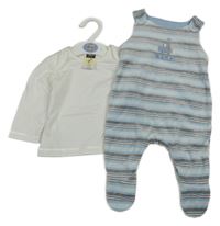Nové - 2set - Světlemodro-bílo-hnědé pruhované sametové dupačky s vláčkem + smetanové triko M&Co.