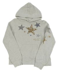 Světlešedá melírovaná mikina s hvězdami s flitry a kapucí H&M
