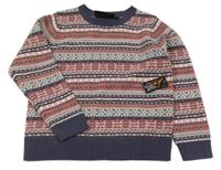 Nové - růžovo-modro-bílý vzorovaný vlněný svetr 