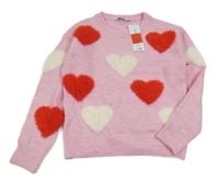 Nové - růžový vlněný svetr s červenými srdíčky George