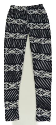 Tmavomodro-bílé vzorované úpletové legíny 