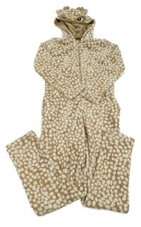 Hnědo-smetanová vzorovaná plyšová kombinéza s kapucí - sob 