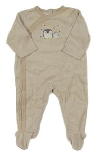 Světlebéžový sametový overal s tučňákem 