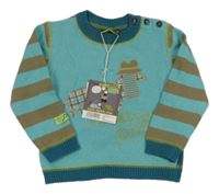 Nové - Modro-hnědý pruhovaný vlněný svetr s pejskem a nápisem 