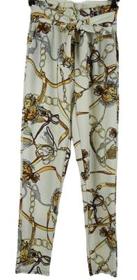 Dámské bílé strukturované paper bag kalhoty s potiskem a páskem 