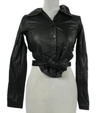 Dámská černá koženková crop halenka se zavazováním