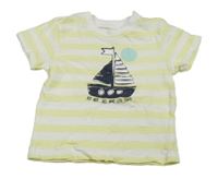Žluto-bílé pruhované tričko s plachetnicí Topomini