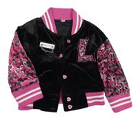 Nové - černo-růžová sametová propínací mikina s nášivkami 