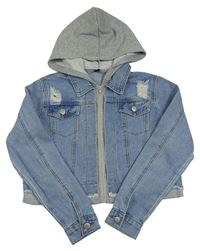 Světlemodro-šedá riflovo/tepláková crop bunda s prošoupáním a kapucí SHEIN