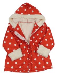 Červená puntíkatá šusťáková zateplená bunda s kapucí Shein