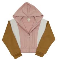 Růžovo-bílo-hnědá sportovní propínací crop mikina s kapucí H&M