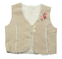 Béžová semišová zateplená vesta s květy 