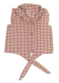 Růžovo-žlutá kostkovaná crop halenka s uzlem 