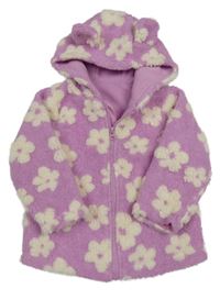 Růžová huňatá propínací podšitá mikina s kytičkami a kapucí Dunnes