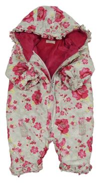 Šedá šusťáková zimní kombinéza s květy a kapucí 