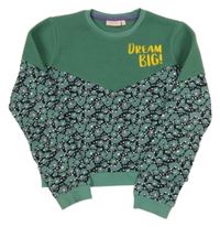 Zeleno-černá fleecovo/tepláková mikina s kytičkami 