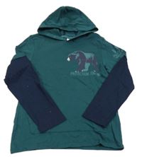 Tmavozeleno-tmavomodré triko s medvídkem a kapucí NKD 