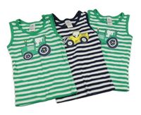 3x - 2x Zeleno-bílý pruhované + 1x tmavomodro-bílé pruhované tílko s auty Topomini