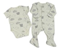 2Set - Bílé žebrované body s obláčy a medvídky + overal M&S