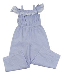 Modro-bílý pruhovaný krepový kalhotový culottes overal s volánkem s madeirou PRIMARK