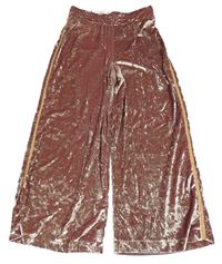Starorůžové lesklé sametové culottes kalhoty s pruhem