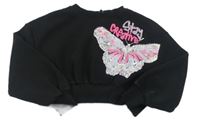 Černá crop mikina s motýlkem s flitry a nápisy PRIMARK