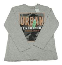 Nové - šedé melírované triko s army potiskem a nápisy PRIMARK