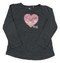 Tmavošedé triko se srdíčkem s motýlky a kuličkami Topolino