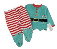 Nové - Zelená sametová mikina + červeno/bílé pruhované polodupky - elf St. Bernard