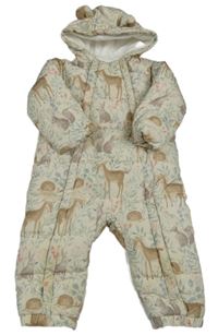 Smetanová prošívaná šusťáková zimní kombinéza se zvířátky a větvičkami a kapucí s oušky Tu