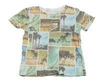 Světlemodro/zeleno-pískové tričko s palmami a pláží Peacocks