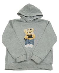 Šedá melírovaná teplá mikina s medvídkem a kapucí