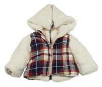 Tmavomodro/červeno-okrovo-smetanová zateplená košilová bunda s huňatými rukávy a kapucí 