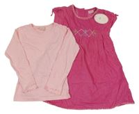 Nové - 2Set - Tmavorůžové manšestrové šaty s výšivkou + světlerůžové triko Sweet Elegance