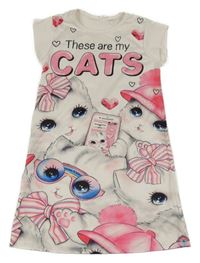 Bílé šaty s kočičkami a srdíčky SHEIN