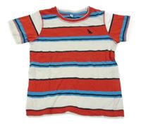 Červeno-bílo-modro-černé pruhované tričko s dinosaurem C&A