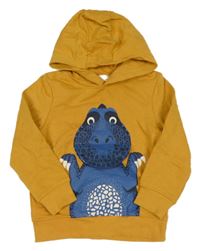 Hořčicová mikina s dinosaurem a kapsou a kapucí C&A