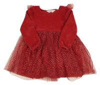 Červené žinylkovo/tylové šaty s puntíky a volánky H&M