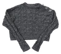 Tmavošedo-stříbrný melírovaný vzorovaný oversize crop svetr s knoflíky PRIMARK