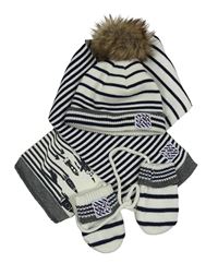 3set - Smetanovo-černá pruhovaná čepice s bambulí + pruhovaná šála s raketami + rukavice na šňůře